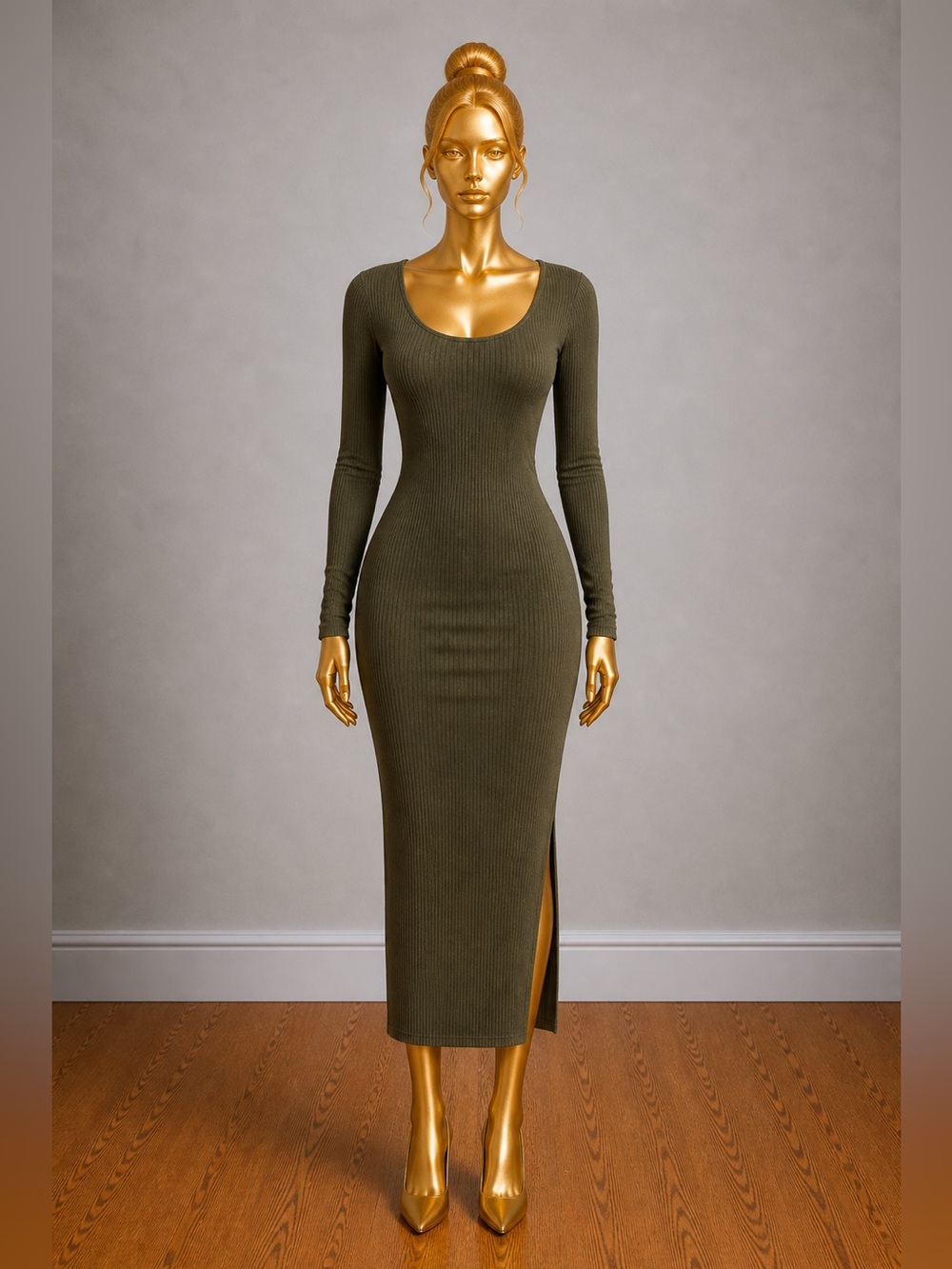 Boohoo Olive Long Sleeve ribbed Dress